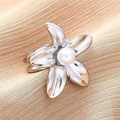 Flower 304 Stainless Steel Cuff Rings&nbsp;RJEW-D306-21P