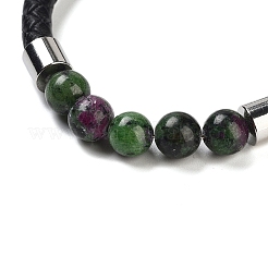 Natural Ruby in Zoisite Round Bead Braided Leather Cord Bracelets for Men Women&nbsp;BJEW-A009-11P-09