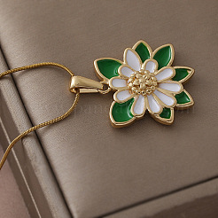 304 Stainless Steel Enamel White Flower with Green Leaf Pendant Necklaces for Women&nbsp;MJ2711