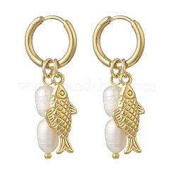 Natural Cultured Freshwater Pearl Rice with Fish Hoop Earrings&nbsp;EJEW-JE06740