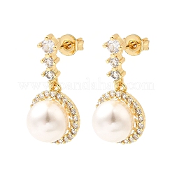 Round Brass Micro Pave Clear Cubic Zirconia Dangle Stud Earrings&nbsp;EJEW-C154-02G