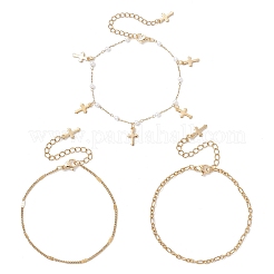 Round ABS Imitation Pearl Beaded Chains & 304 Stainless Steel Cable Chains Stackable Bracelets for Women&nbsp;BJEW-JB12452-03