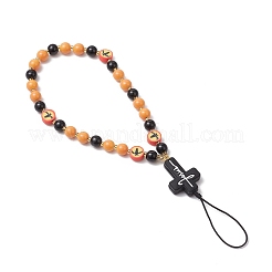 Halloween Round Glass Pearl & Glass & Handmade Polymer Clay Bat & Silicone Cross Beaded Phone Hand Strap Chains&nbsp;HJEW-MZ00278