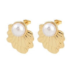 Brass ABS Plastic Pearl Flower Stud Earrings&nbsp;EJEW-L275-12G-01
