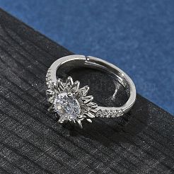 Flower Brass with Clear Cubic Zirconia Finger Rings for Women&nbsp;RJEW-Z111-01P