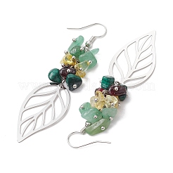 Leaf 201 Stainless Steel Natural Citrine & Natural Green Aventurine & Natural Malachite & Natural Garnet Chip Dangle Earrings&nbsp;EJEW-JE06138-02