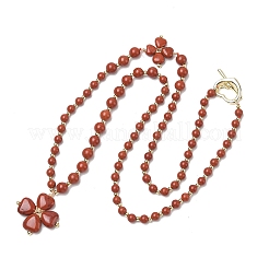Saint Patrick's Day Natural Red Jasper Clover Pendant Round Beaded Necklaces with Brall Heart OT Clasps&nbsp;NJEW-G202-02G-04
