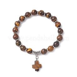 Natural Tiger Eye Cross Charm Bracelets&nbsp;BJEW-JB12259-03