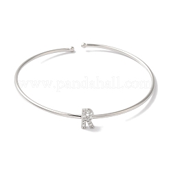 Rack Plating Brass Micro Pave Clear Cubic Zirconia Letter Open Cuff Bangles&nbsp;BJEW-A018-01P-R