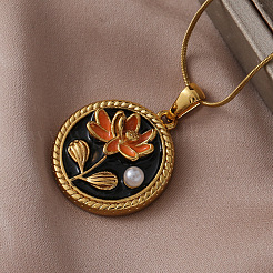 316 Surgical Stainless Steel Enamel with Imitation Pearl Flat Round with Flower Pendant Necklaces for Women&nbsp;AK2795