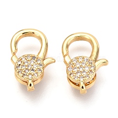 Brass Micro Pave Cubic Zirconia Lobster Claw Clasps, Cadmium Free & Lead Free, Real 18K Gold Plated, 17.5x10x5mm, Hole: 1mm