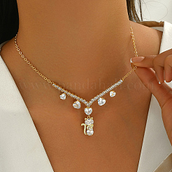 Brass Clear Cubic Zirconia Cat Heart Pendant Necklaces for Women&nbsp;IE0348