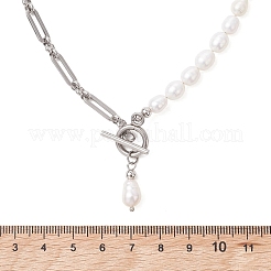 304 Stainless Steel Figaro Chain Natural Cultured Freshwater Pearl Rice Beaded Necklaces with OT Clasps&nbsp;NJEW-JN05959-02