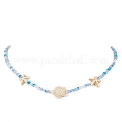 Synthetic Turquoise Starfish & Turtle & Seed Beaded Necklace for Women&nbsp;NJEW-JN04482-02
