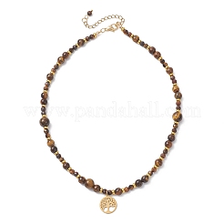 Tree of Life 304 Stainless Steel Pendant Natural Tiger Eye Round Beaded Necklaces&nbsp;NJEW-JN05712