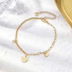 Brass Clear Cubic Zirconia Flat Round & Heart Charm Bracelets&nbsp;BJEW-JB10397