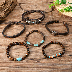 6Pcs 6 Styles Zinc Alloy and Wood Beads Coconut Shell Artificial Leather Cord Braided Bracelets & Stretch Bracelets Sets&nbsp;FS-WG2D370-01