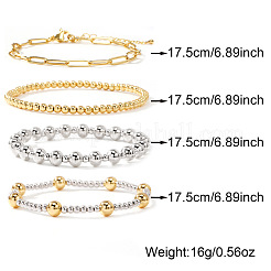 4Pcs 4 Styles Brass Round Beads Stretch Bracelets & 304 Stainless Steel Paperclip Chain Bracelets for Women&nbsp;HO1233