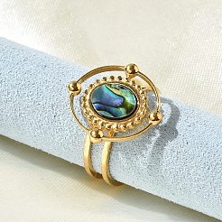 Oval 304 Stainless Steel Paua Shell Finger Rings for Women&nbsp;RJEW-G346-09G-01