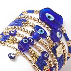 7Pcs 7 Style Evil Eye Lampwork & Glass Seed & Brass Beaded Stretch Bracelets Set for Women&nbsp;BJEW-JB09249-03
