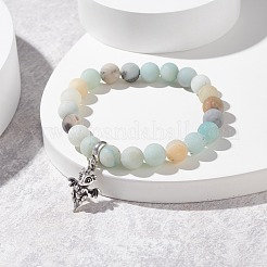 Natural Frosted Flower Amazonite Round Beaded Stretch Bracelet with Dragon Charm&nbsp;BJEW-JB07596