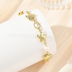 Ocean 304 Stainless Steel Starfish Link Chain Bracelets with Natuarl Pearl for Women&nbsp;BJEW-JB14332