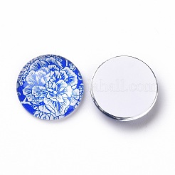 Blue and White Floral Printed Glass Cabochons&nbsp;GGLA-A002-20mm-XX