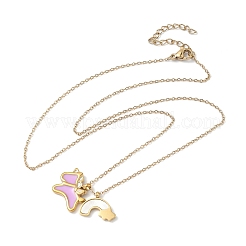 304 Stainless Steel Pearl Pink Enamel & Natural White Shell Pendant Unicorn Rainbow Pendant Necklaces for Women&nbsp;NJEW-M101-02G