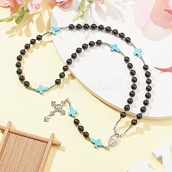 Synthetic Turquoise & Wood Rosary Bead Necklace&nbsp;NJEW-JN04431-01