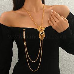 Vintage Gothic Style Brass Pave Cubic Zirconia Flower Long Tassel Lariat Necklace Brooch for Women&nbsp;GO0016-2