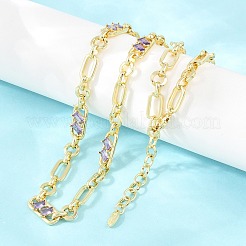 7MM Brass Pave Cubic Zirconia Figaro Chain Necklaces&nbsp;NJEW-D324-05G-02