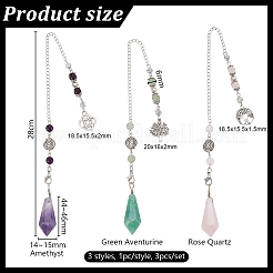 3Pcs 3 Styles Bullet Natural Amethyst & Green Aventurine & Rose Quartz Dowsing Pendulums&nbsp;PALLOY-GO00041