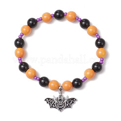 Halloween Theme Baking Paint Glass & Natural Black Onyx(Dyed & Heated) Round Beaded Stretch Bracelets&nbsp;BJEW-MZ00188-03