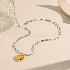 Duo Tone 304 Stainless Steel Heart Pendant Paperclip Chain Necklaces for Women&nbsp;HT9528