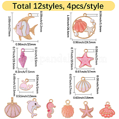 48Pcs 12 Styles Pink Color Ocean Theme Alloy Enamel Pendants&nbsp;ENAM-SC0007-48