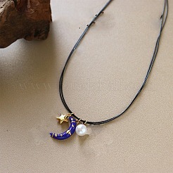 Brass Enamel Blue Crescent Moon Pendant Black Imitation Leather Cord 2-Strand Necklaces for Women&nbsp;WG612AC-01