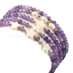 5Pcs 5 Style Natural Amethyst & Pearl & Shell Star Beaded Stretch Bracelets Set&nbsp;BJEW-JB09495-04