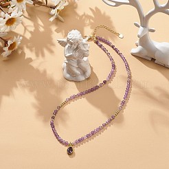 Cubic Zirconia Teardrop Pendant Necklace with Natural Amethyst Beaded Chains&nbsp;NJEW-JN04121-02