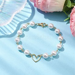 8mm Round Shell Pearl & Brass Heart Link Bracelets for Women&nbsp;BJEW-JB10424