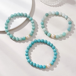 3Pcs Round Natural Amazonite & Synthetic Turquoise & Pearl Beaded Stackable Stretch Bracelets Sets&nbsp;BJEW-JB12991