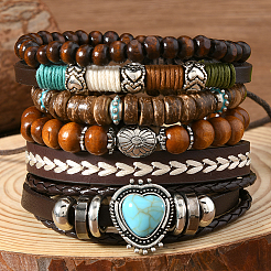 6Pcs 6 Styles Wood & Synthetic Turquoise & Alloy Beaded Stretch Bracelets & Braided Bracelets for Women&nbsp;BJEW-CL0001-60