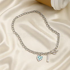 4Pcs 2 Colors Alloy Enamel Checkered Heart Pendant Iron Chain Necklaces&nbsp;NJEW-HY0001-31