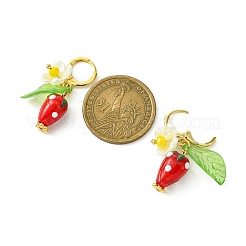 Lampwork Strawberry with Plastic Pearl Flower Dangle Leverback Earring&nbsp;X-EJEW-TA00130