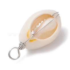 Natural Cowrie Shell Copper Wire Wrapped Round Brass Beads Pendants&nbsp;PALLOY-JF02938-06