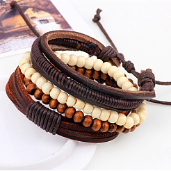 Adjustable Braided Leather Cord Wooden Beaded Multi-strand Bracelets&nbsp;BJEW-P0001-15