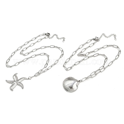 Bohemian Styles 304 Stainless Steel Starfish and Shell Shape Pendant Double Layer Necklaces for Women&nbsp;LS-NJEW-F343-01P
