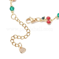 Brass Enamel with Green Glass Red Cherry Link Anklets for Women&nbsp;AJEW-AN00772