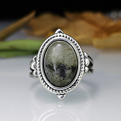 Oval Zinc Alloy Natural Labradorite Finger Rings&nbsp;WG970F5-03