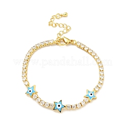Star with Evil Eye Enamel Link Bracelet with Clear Cubic Zirconia Tennis Chains&nbsp;BJEW-G650-01G