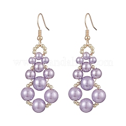 Glass Pearl & Synthetic Hematite Round Beaded Teardrop Dangle Earrings&nbsp;EJEW-JE05254